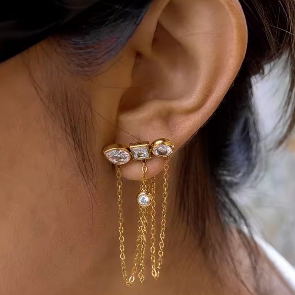 New Gold Triple Chain Bezel CZ Drop Earrings Gold Plated Set And Stones | NWOT - Picture 2 of 7